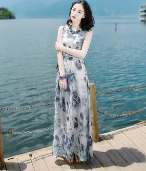 2021 letní nové módní víla Český beach šaty temperament slim Sanya beach šaty s páskem tisk volné dlouhé šaty ženy