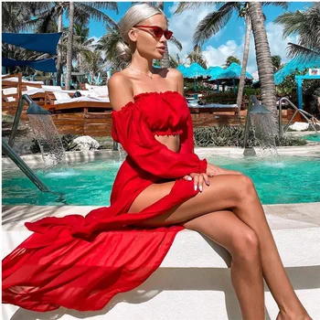 2021 Women's New Sexy Strapless Tube Top Long-Sleeved Swimsuit High-Waist Elastic Split Robe Elastic Band Solid Perspective Suit