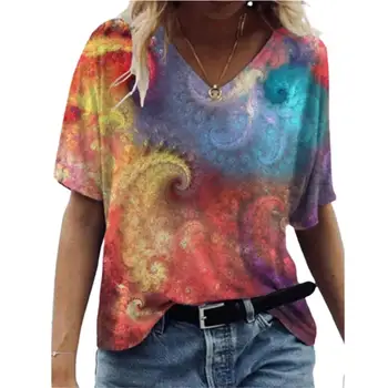 Abstraktní Obraz Tištěné T-košile, Ženy Harajuku T-košile Krátký Rukáv V-Neck T-shirt Letní Dámské Ležérní Volné Topy Tee