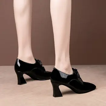 ALLBITEFO velikost 34-42 přírodní pravé kůže ženy, podpatky boty jarní módní dámské vysoké boty na podpatku office pracovní obuv žena