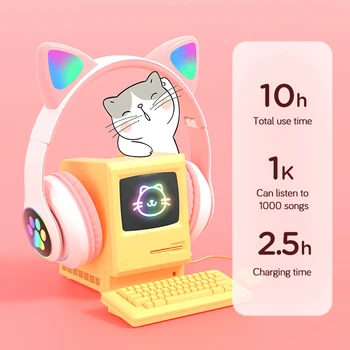 Bezdrátová Sluchátka RGB světlo Kočka Ucho Karikatury Kočka Packa Dívky Dárek Náhlavní souprava Bluetooth hi-fi Stereo Bass Děti headset Vánoční dárek
