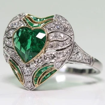 Hot Prodej Módní Luxusní Zelené Srdce Křišťálově Smaragdové Drahokam Vložka Zirkon Prsteny pro Muže Temperament Diamond FemaleJewelry