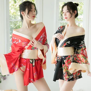 Japonské Kimono Šaty pro Ženy Svetr Sexy Květinové Tisk Yukata Asijské Obi Pyžama Tradiční Gejša Talár Vintage Oblečení