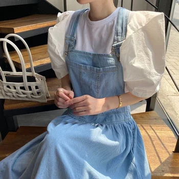 Korejpaa Ženy Šaty Sady 2021 korejský Elegantní 100-neck Loose Bubble Sleeve Tričko s Retro Modrá Velká Houpačka Džínové Podvazkové Sukně