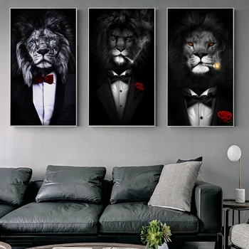 Kouření lev v obleku otisky malířství plakáty a obrázky zvířat pro dekorace pokoje v černé a bílé umění malba