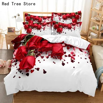 Květina Červená Růže, Bílé Ložní prádlo Set Šidítko Peřinu povlak na Polštář King Queen Size Double Bed Quilt ložní prádlo 2-3 KS ložního Prádla