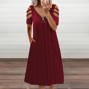 Letní Dámské Volné Šaty Plná Barva Dutý Krátký Rukáv Dámské Šaty Na Zip V-Neck Ženy Ležérní Letní Šaty 2021