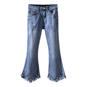 Letní Módní Ležérní Ženy Denim Jeans Kalhoty Plus Velikosti Streetwear Délka Kotník Vyšívané Světlice Stretch Kalhoty Pro Dámy
