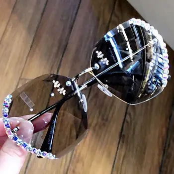 Luxusní Crystal Drahokamu sluneční Brýle bez Obrouček Ženy 2021 Nové Oversize Jasné Sluneční Brýle Módní UV Ochrana sluneční Brýle