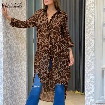 Módní Leopardí Košile Dámské Tištěné Halenky 2021 ZANZEA Ležérní Dlouhý Rukáv Asymetrické Blusas Ženy Klopě Tunika 5