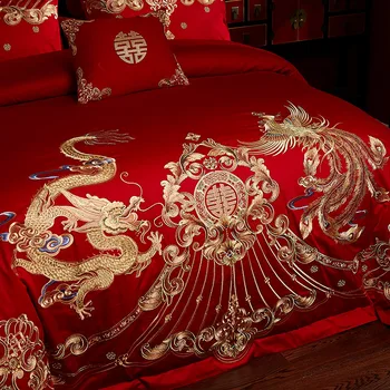 Nový Luxusní Červené Bavlna Gold Phoenix Loong Výšivky Čínské Svatební Ložní prádlo Set Peřinu prostěradlo Přehoz, povlak na Polštář