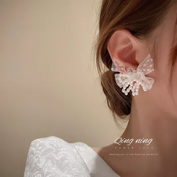 Nový Příchod Módní Náušnice Krajky Módní Bowknot Ženy Houpat Náušnice Korejské Crystal Pearl Květina Elegantní Šperky