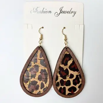 Přírodní Dřevěné KANDRA Korku Leopard Slza Houpat Náušnice pro Ženy Ručně vyrobené z Měkkého dřeva Vintage Butiku Šperky Příslušenství