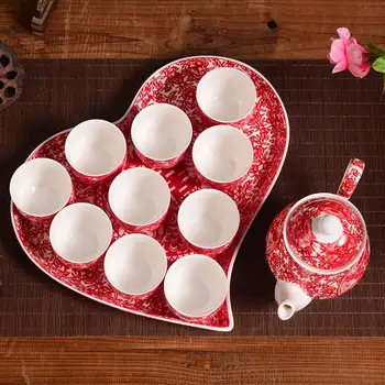 Vysoce kvalitní Čínské svatební dar svatební dodávky červený keramický šálek konvice dvojitý-štěstí konvice na čaj ve tvaru srdce zásobník sada