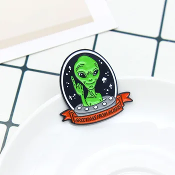 Zelený Mimozemšťan UFO Smalt Pin POZDRAVY Z CIZINCŮ Tvar kosmická loď Mimozemské prostřední prst Prostor Klopě Odznaky Brož Šperky Velkoobchod
