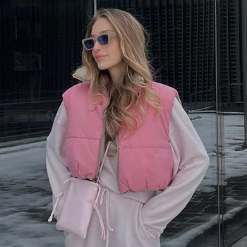 ZXQJ Sladké Ženy Krátký péřová Vesta Kabáty 2021 Jarní Vintage Dámy Roztomilé Růžové Vesty Bundy Streetwear Žena Elegantní Dívky