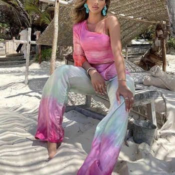 Žena Sladké Růžové Tie-Barvivo Sukně Obleky 2021 Příležitostné Letní Ženy Nepravidelné Halenka Sady Dámy Sladké Pláž Odpovídající Sady