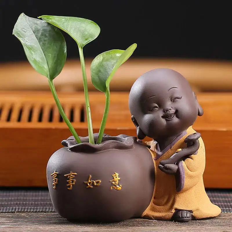 Kreativní roztomilý malý mnich květ čaj pet dekorace boutique fialová písku čajový stolek čajový set příslušenství malé vázy hydroponické 1