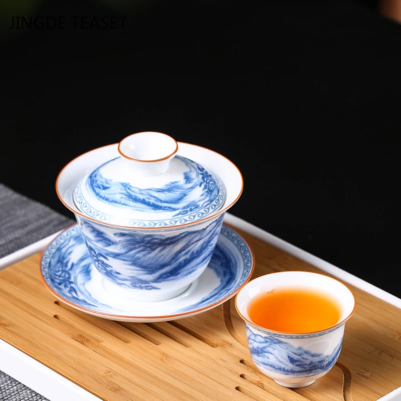 Čínský ručně vyráběné Keramické Gaiwan Čajový Ručně malovaná květiny a ptáci vzor Čaj mísa Teaware Příslušenství Sklenice 200ml 1