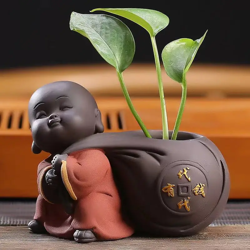 Kreativní roztomilý malý mnich květ čaj pet dekorace boutique fialová písku čajový stolek čajový set příslušenství malé vázy hydroponické 5